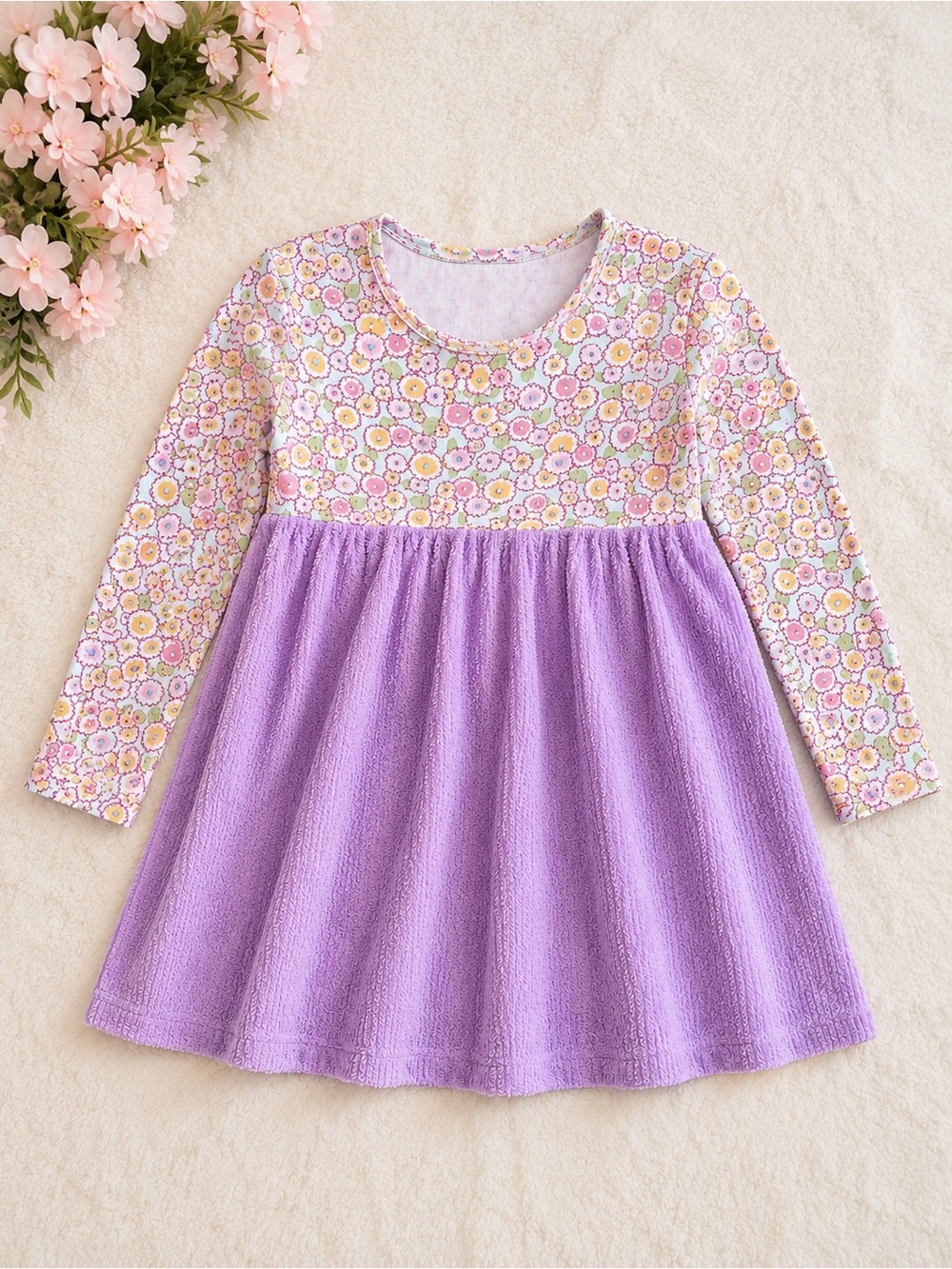 B. Lulu Los Angeles Girls Floral Terry Cloth Dress Size 6X Purple Long Sleeve